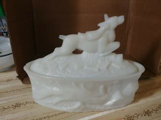 Vintage Flaccus Glass Deer Jumping Fallen Tree Covered Dish