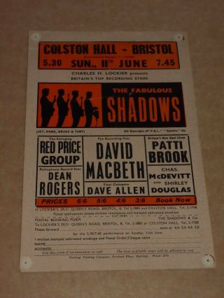 Shadows 1961 Colston Hall,  Bristol Handbill (david Macbeth/red Price/patti Brook)