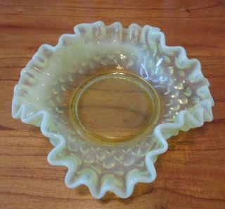 Antique Vintage Vaseline Glass Hobnail Dish Opalescent Milky Ruffle Edge Fenton