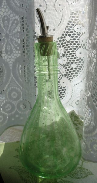 French Green Glass Oil Bottle Hand Made In " Biot " Provence - France
