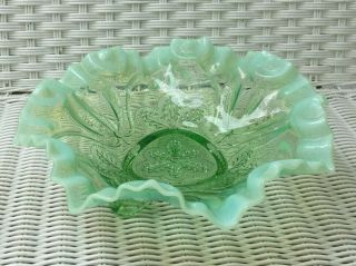 Vintage Antique Fenton Green Opalescent Vaseline Hobnail Glass Footed Bowl