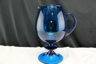 Mid Century Italy Murano Cobalt Blue Optic Glass Footed Pitcher Cocktail Breakfa