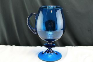 Mid Century Italy Murano Cobalt Blue Optic Glass Footed Pitcher Cocktail Breakfa 2