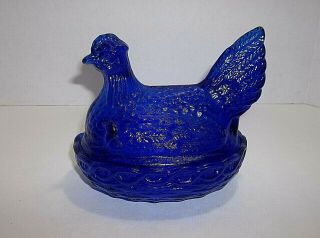 Vintage Cobalt Blue Glass Hen On Nest Lidded Dish