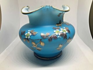 Glass Blue Ruffled Rim Hand Painted Flowers Vase Signed And Numbered