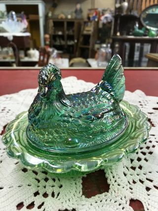 Vintage Mosser Hen On Nest Bluish Green Carnival Glass Awesome Color Nr