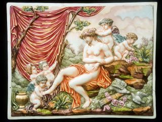 19th C Authentic Capodimonte Aphrodite Porcelain Scenic Relief Wall Plaque Italy