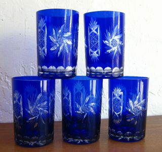 5 Vintage Bohemian Czech Cut To Clear Cobalt Blue Glass Tumblers Cups