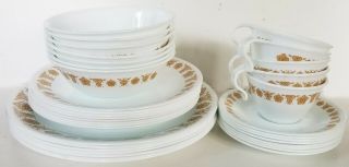 Corelle Living Ware Butterfly Gold 35 Pc Set 7 Dinner 8 Luncheon 7 Soup Plates,