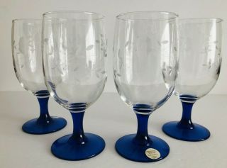 Set Of 4 Princess House Heritage 16 Oz Etched Crystal Blue Stem Glasses