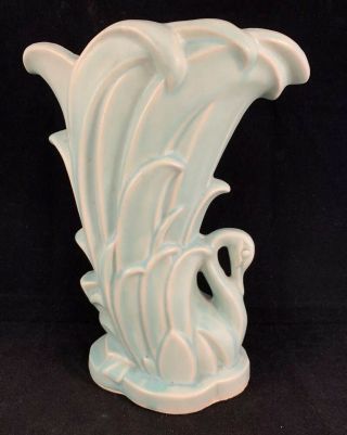 Vintage Mccoy Pottery Swan Vase Blue Aqua Matte Glaze