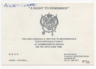 Motorhead - A Night To Remember 10th Birthday Party Invite 1985