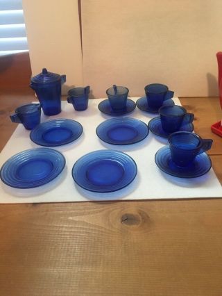Vintage 16 Pc Set Cobalt Blue Akro Agate Toy Tea Set Childrens Dishes
