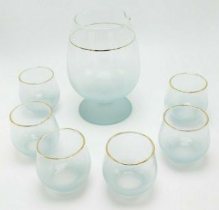 Vintage Blue Blendo Frosted Snifter & 6 Glasses - West Virginia Glass Company
