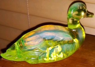 Fenton Glass Mallard Duck Figurine - Yellow Topaz / Vaseline Opalescent