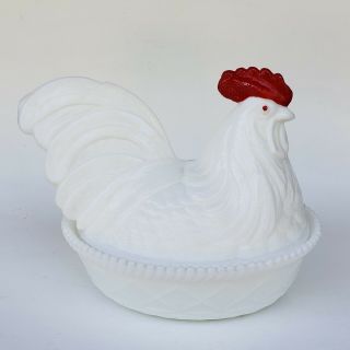 Vintage Kemple Milk Glass Rooster Chicken On Nest Candy Trinket Dish