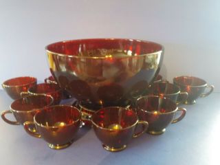 Vintage Anchor Hocking Ruby Red Punch Bowl With Stand And 10 Cups