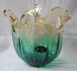 Hand Made Murano Art Glass Bowl Green Italy By White Crystal No 436