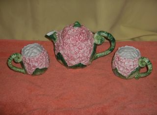 4 Pc Fitz And Floyd China Hydrangea Teapot With Lid 2 Cups Oci 1990 Pink Flowers