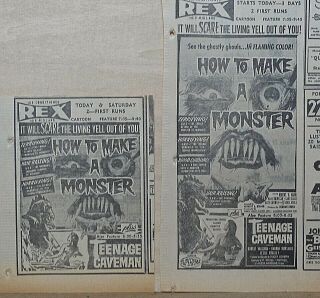 Two 1959 Newspaper Ads For Scary Movies How To Make A Monster,  Teenage Caveman