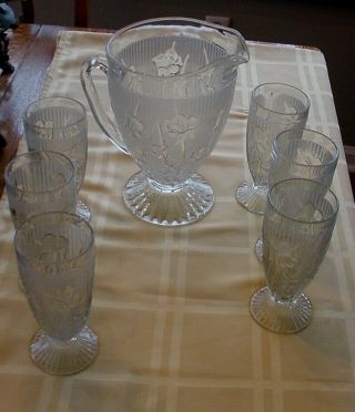 Iris And Herringbone Pattern Crystal Glass Pitcher With 6 Matching Tumblers
