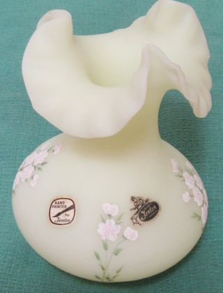 Fenton Hand Painted Pink Blossom Custard Vase - Signed w\Original Labels 2