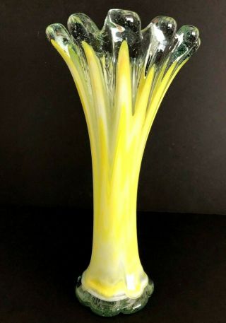 Vintage Hand Blown Murano Clear With Yellow Art Glass Swung Stretch Vase 11 "