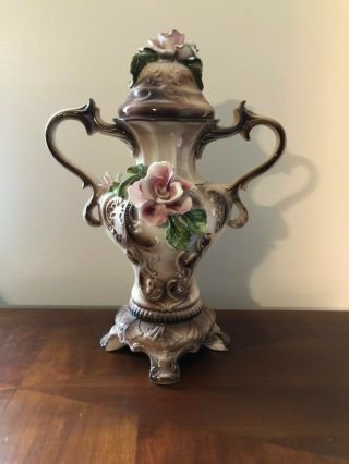 Vintage Estate Italian Capodimonte Large Footed Double Handled Vase With Lid