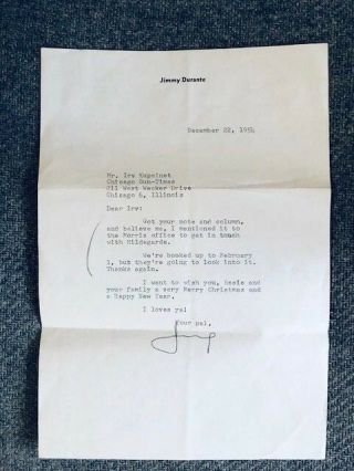 Jimmy Durante Signed Letter To Irv Kupcinet 1954