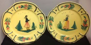 Hb Quimper Soleil Yellow Round Breton Man & Woman Set Of 2 - 9 3/4 " Dinner Plates