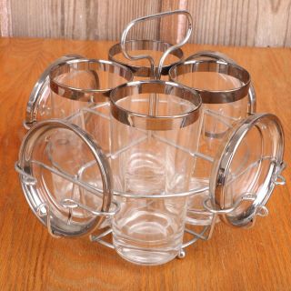 Vintage Set Of 4 Glass Tumblers Glass Coasters Rack Caddy Carrier Clear Silver