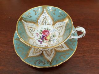 Paragon Rose And Fruits On Pale Green Teacup And Saucer