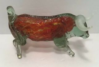 Vintage Murano Red / Clear Glass Bull With White Horns