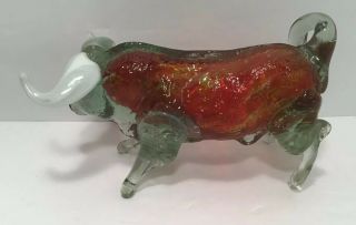 Vintage Murano Red / Clear Glass Bull With White Horns 3