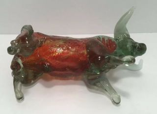 Vintage Murano Red / Clear Glass Bull With White Horns 5