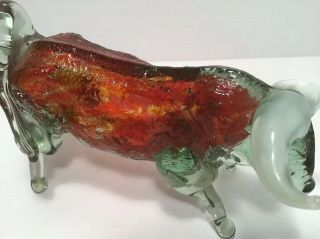 Vintage Murano Red / Clear Glass Bull With White Horns 6