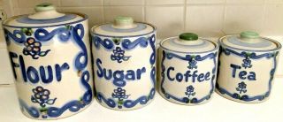 4 Pc M A Hadley Pottery Canister Set,  Flour Sugar Coffee Tea,  Blue Flowers