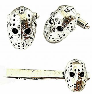 Classic Horror Friday The 13th Jason Mask Enamel Metal Cufflinks & Tie Clip Set