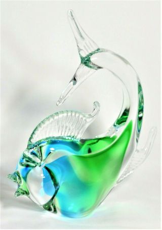 Murano Glass Fish Sculpture Large Somerset Blue Green 7 " Tall Mid Century Italy