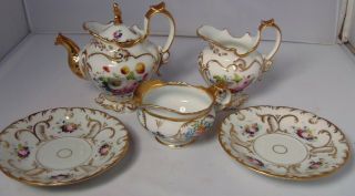 5 Pc Old Paris Tea Set Tea Pot For One & 2 Creamers Gilded Hand Painted Flowers