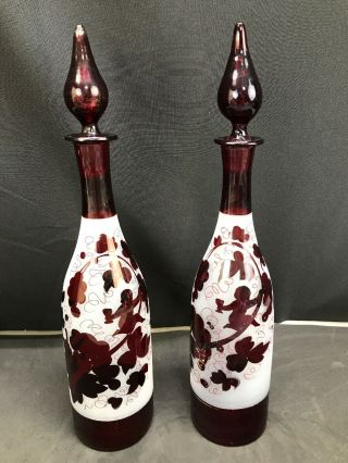 Antique Pair Czech Bohemian Cranberry Gold Blown Art Glass Bottle Decanters