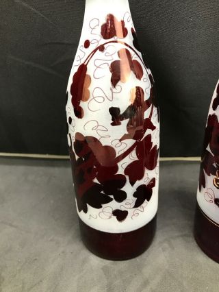 Antique Pair Czech Bohemian Cranberry Gold Blown Art Glass Bottle Decanters 2