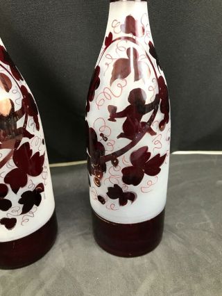 Antique Pair Czech Bohemian Cranberry Gold Blown Art Glass Bottle Decanters 3