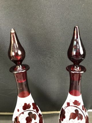 Antique Pair Czech Bohemian Cranberry Gold Blown Art Glass Bottle Decanters 4