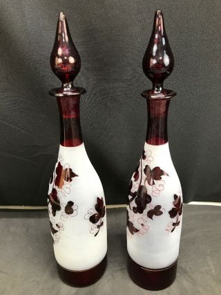 Antique Pair Czech Bohemian Cranberry Gold Blown Art Glass Bottle Decanters 5