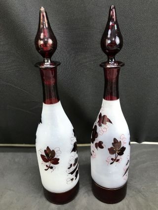 Antique Pair Czech Bohemian Cranberry Gold Blown Art Glass Bottle Decanters 6
