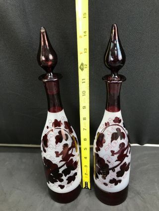 Antique Pair Czech Bohemian Cranberry Gold Blown Art Glass Bottle Decanters 7