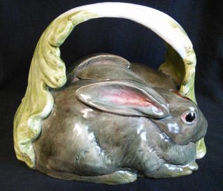 Antique Majolica Bordallo Pinheiro Portugal Rabbit Game Dish Cover