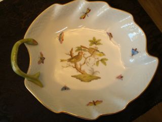 Herend Rothschild Bird Pattern 8 " X 7 " Leaf Shaped Dish Hand Painted Hungary