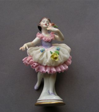 Dresden Lace Figurine Holding Flower Ballerina 3.  75 " Porcelain Volkstedt Germany